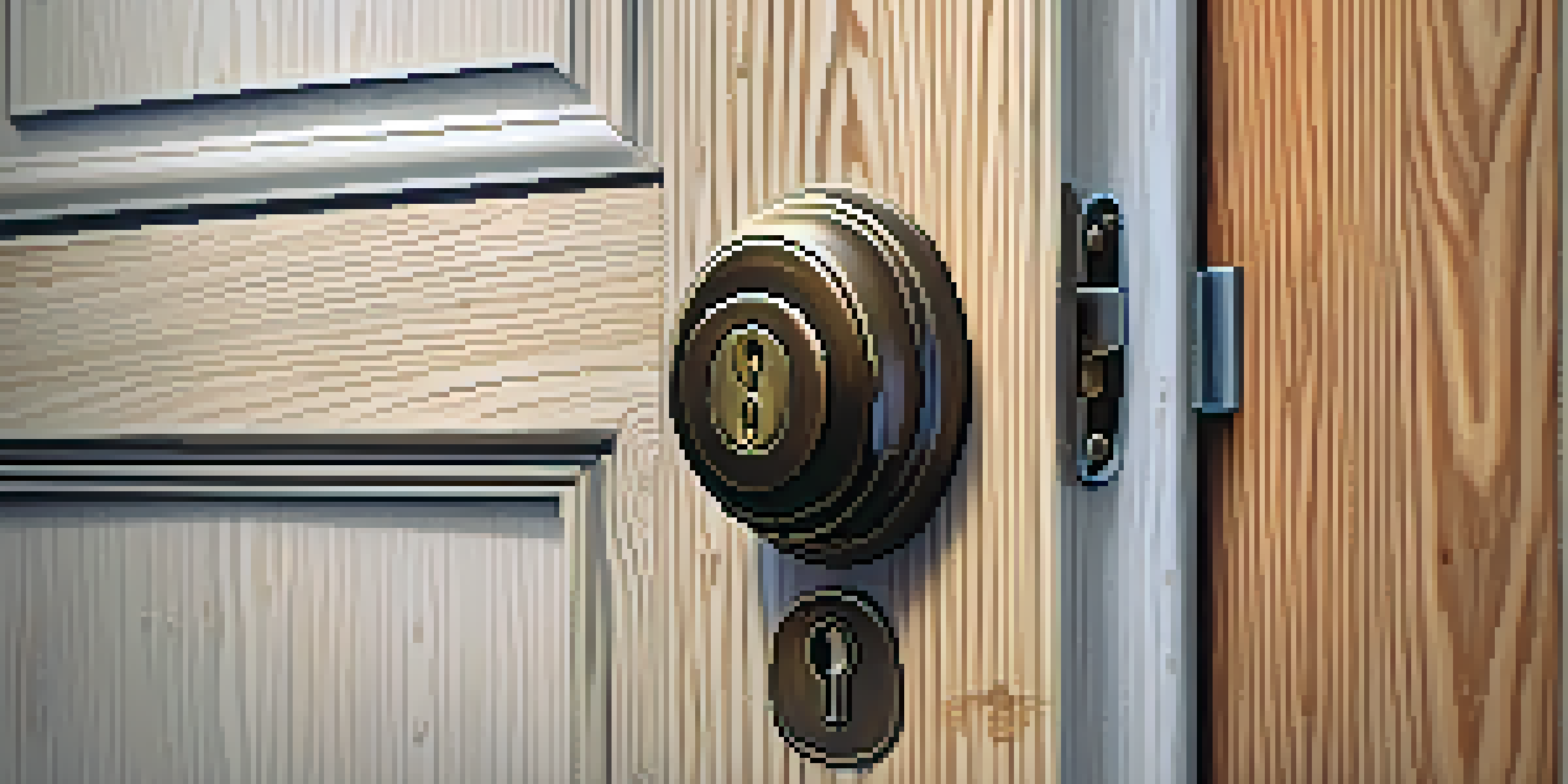 A detailed close-up of a deadbolt lock on a wooden door, showcasing its security features.