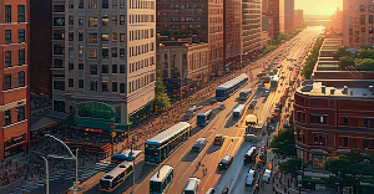 Aerial view of a vibrant cityscape at sunset with busy streets and modern skyscrapers.