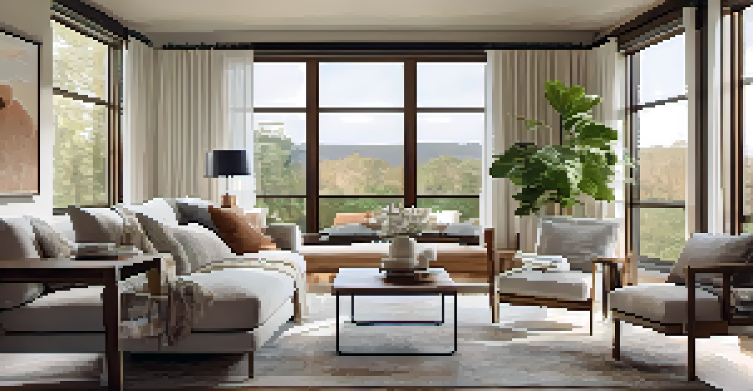 A serene living room with low-VOC paints and natural textiles, featuring a comfortable sofa and a reclaimed wood coffee table.