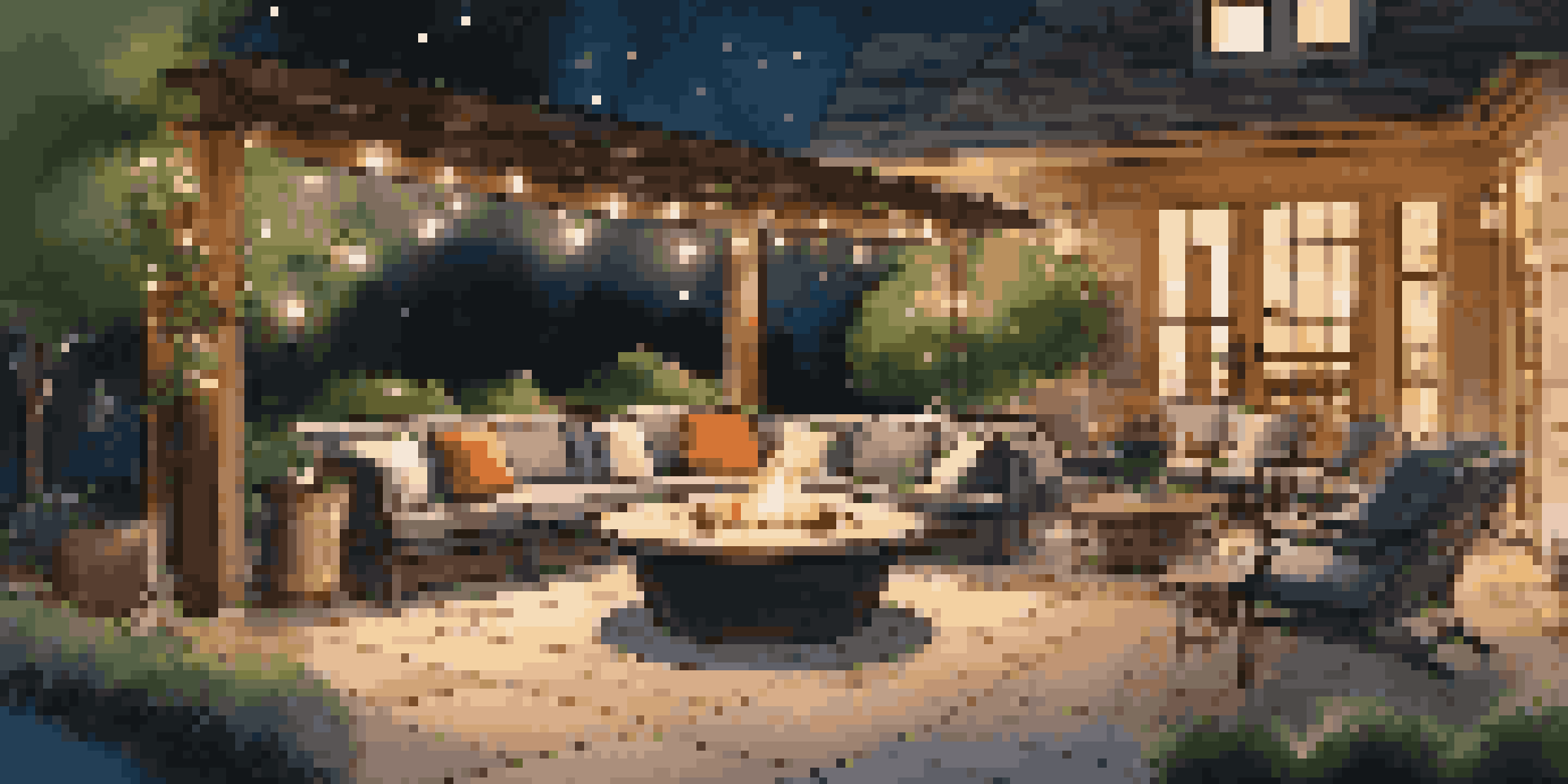 A cozy patio with smart lighting, featuring warm LED lights, comfortable seating, and a gentle flame from a fire pit under a starry night sky.