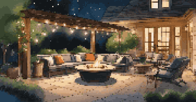A cozy patio with smart lighting, featuring warm LED lights, comfortable seating, and a gentle flame from a fire pit under a starry night sky.