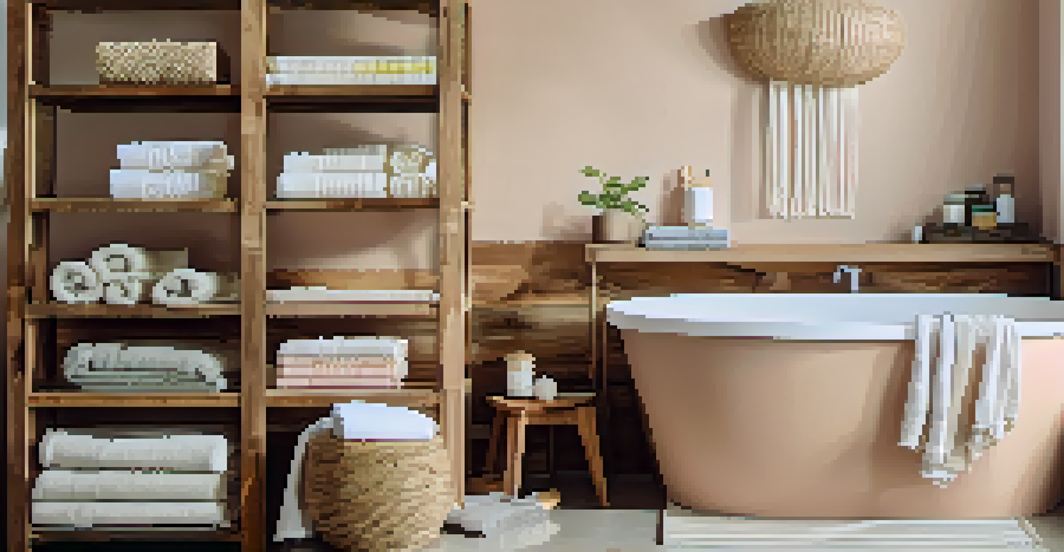 A bathroom with reclaimed wood shelves filled with organic cotton towels and a stylish shower curtain, painted in soothing pastel tones.