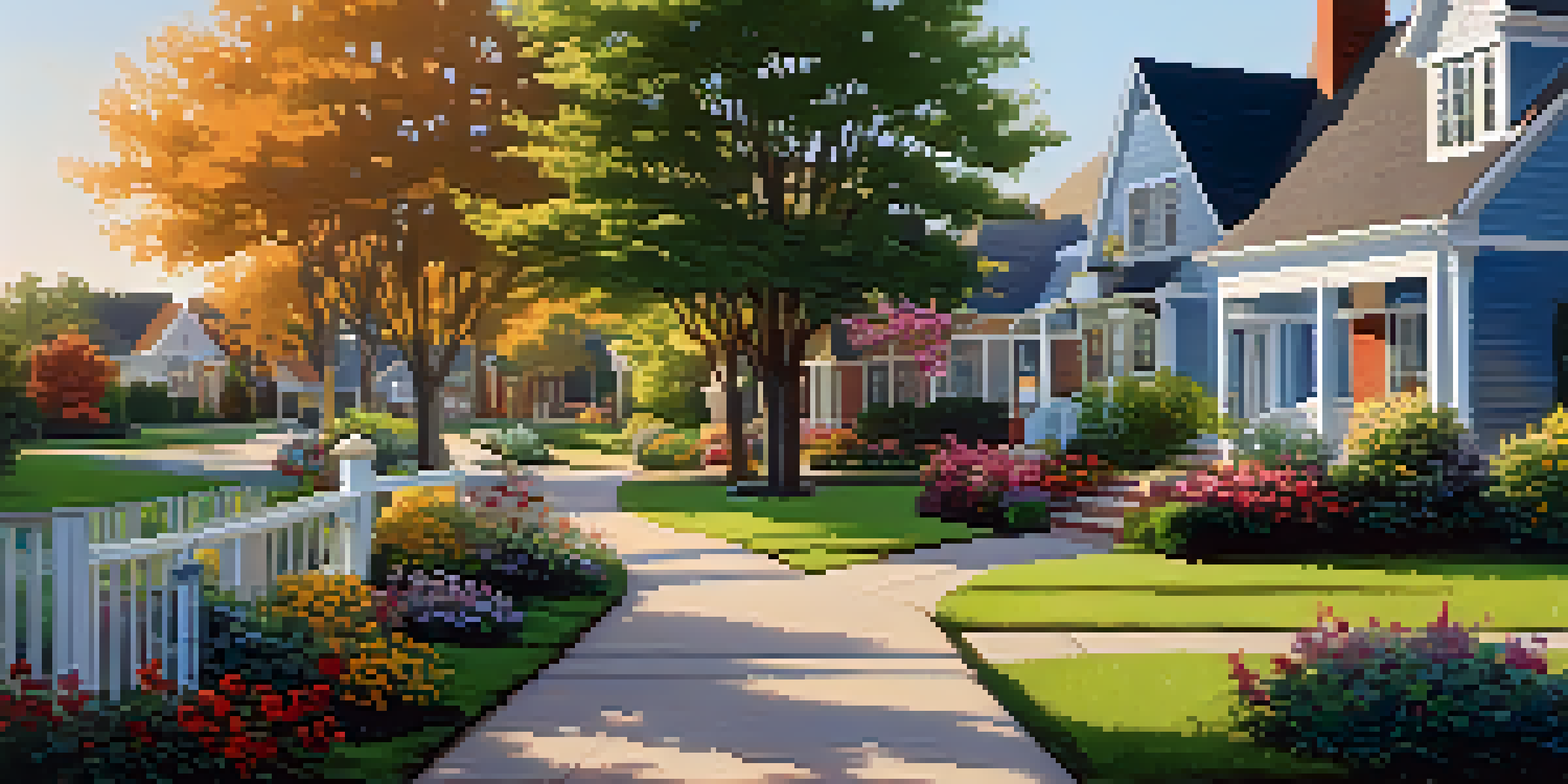 A peaceful suburban neighborhood with beautiful homes and colorful gardens in the morning light.
