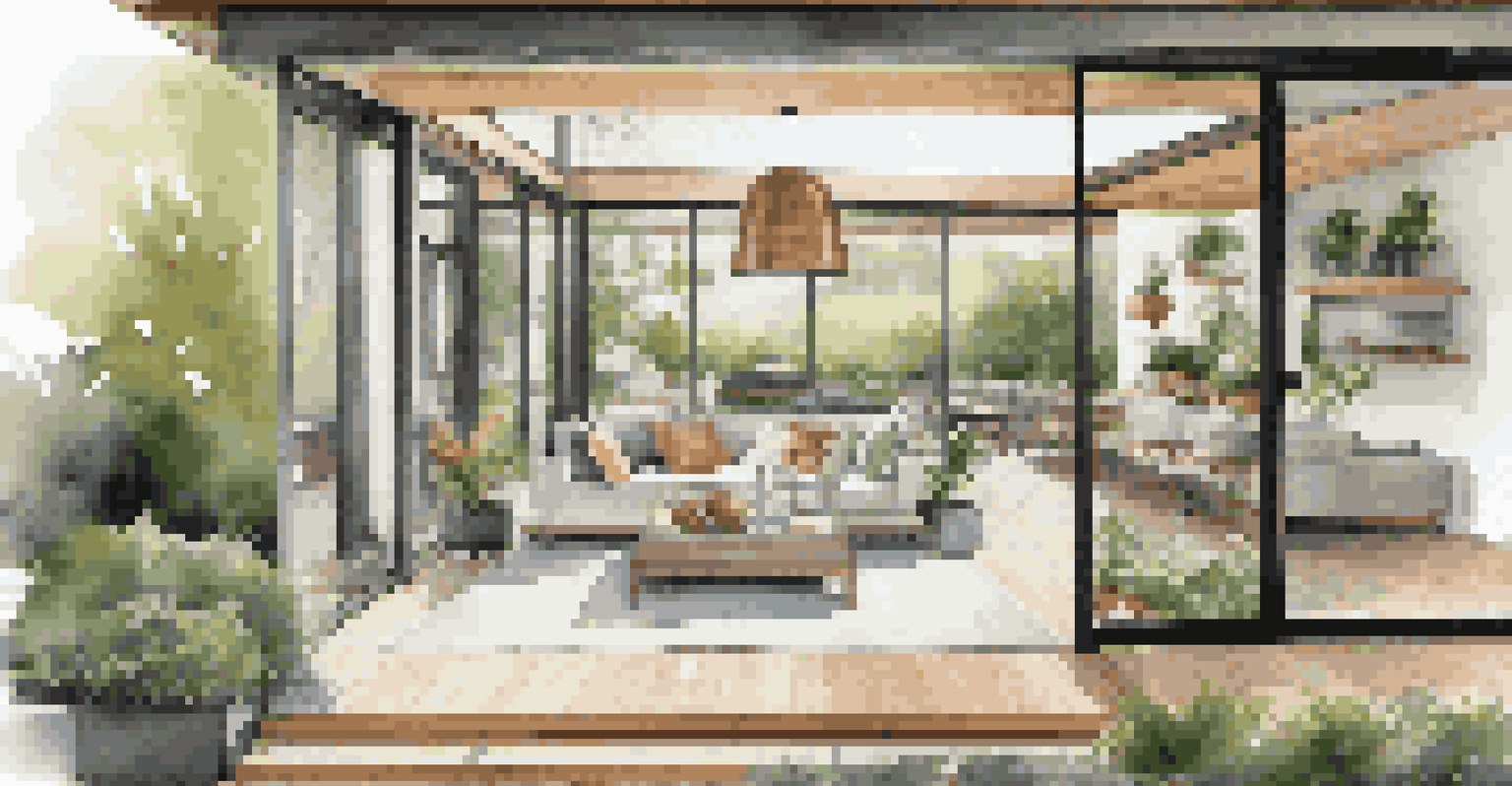 A patio area with sliding glass doors leading to an open concept living space, showcasing comfortable outdoor seating and lush greenery.