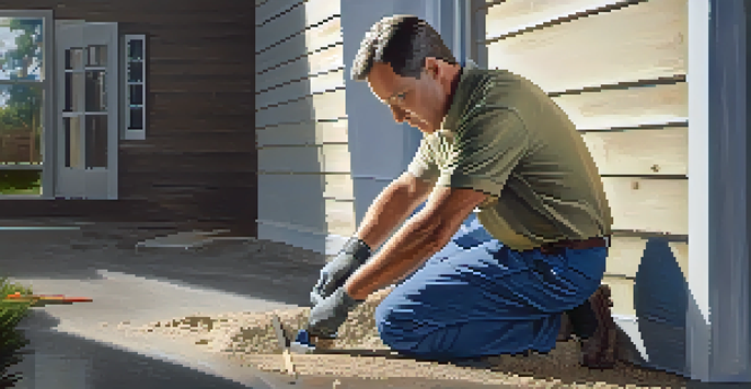 A home inspector looking at a foundation with a flashlight, kneeling beside a concrete wall, illuminated by natural light.