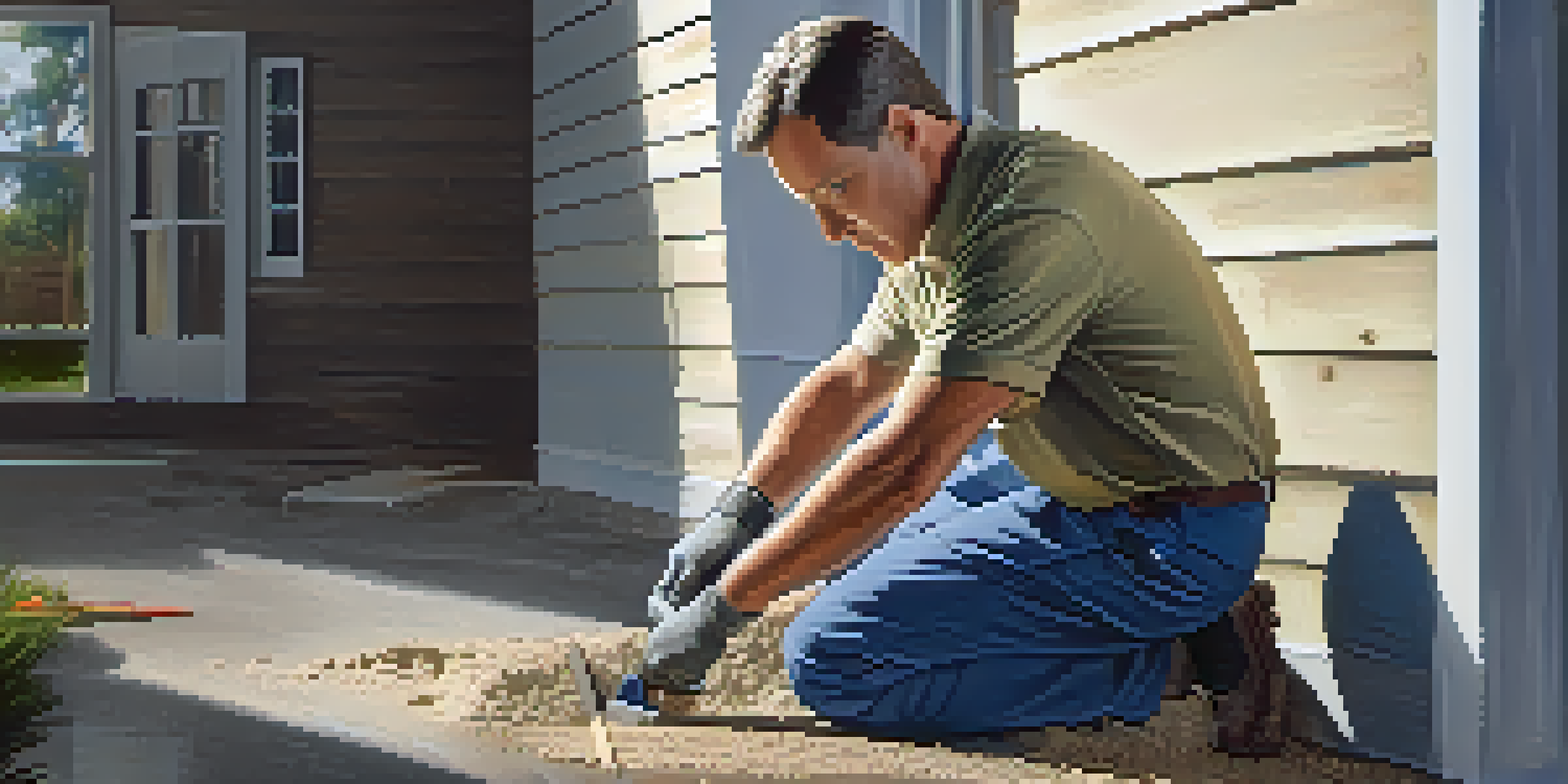A home inspector looking at a foundation with a flashlight, kneeling beside a concrete wall, illuminated by natural light.