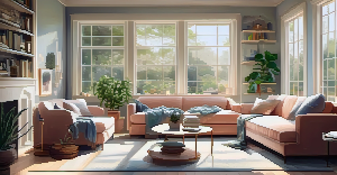 A bright and modern living room with a cozy sofa, coffee table, and large windows filled with natural light. Soft pastel-colored walls and potted plants create an inviting environment.