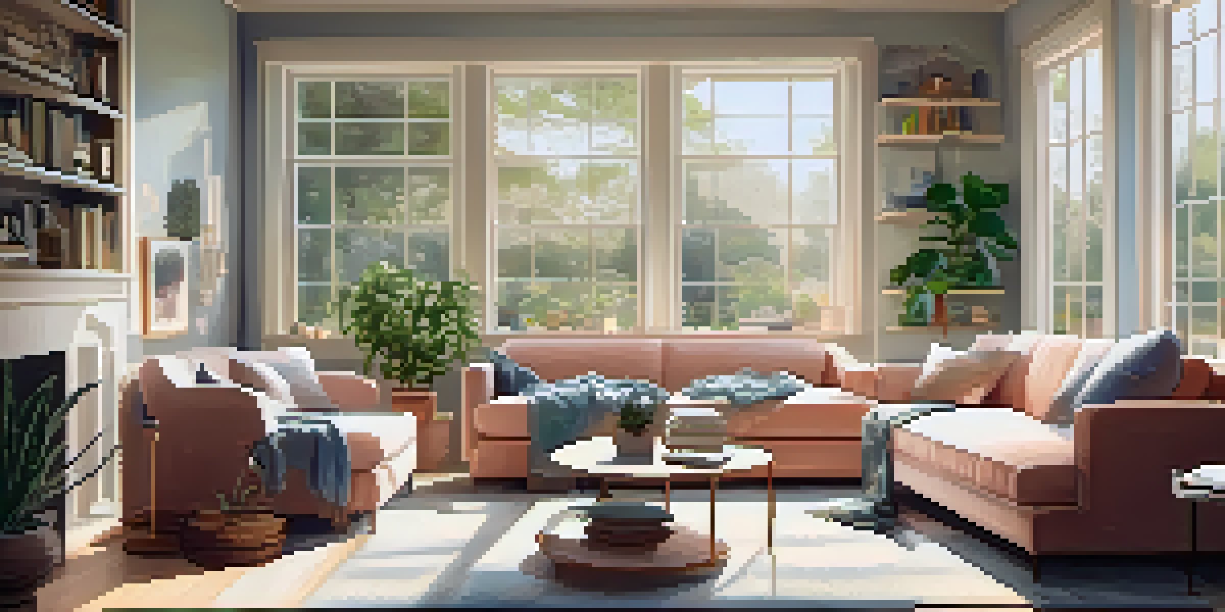 A bright and modern living room with a cozy sofa, coffee table, and large windows filled with natural light. Soft pastel-colored walls and potted plants create an inviting environment.
