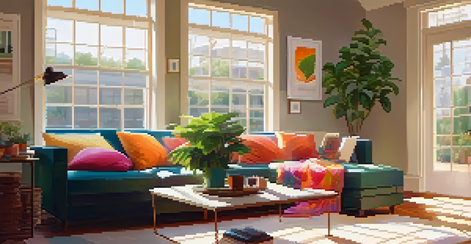 A cozy living room with sunlight, a couch with cushions, a coffee table with home inspection reports, and a potted plant.