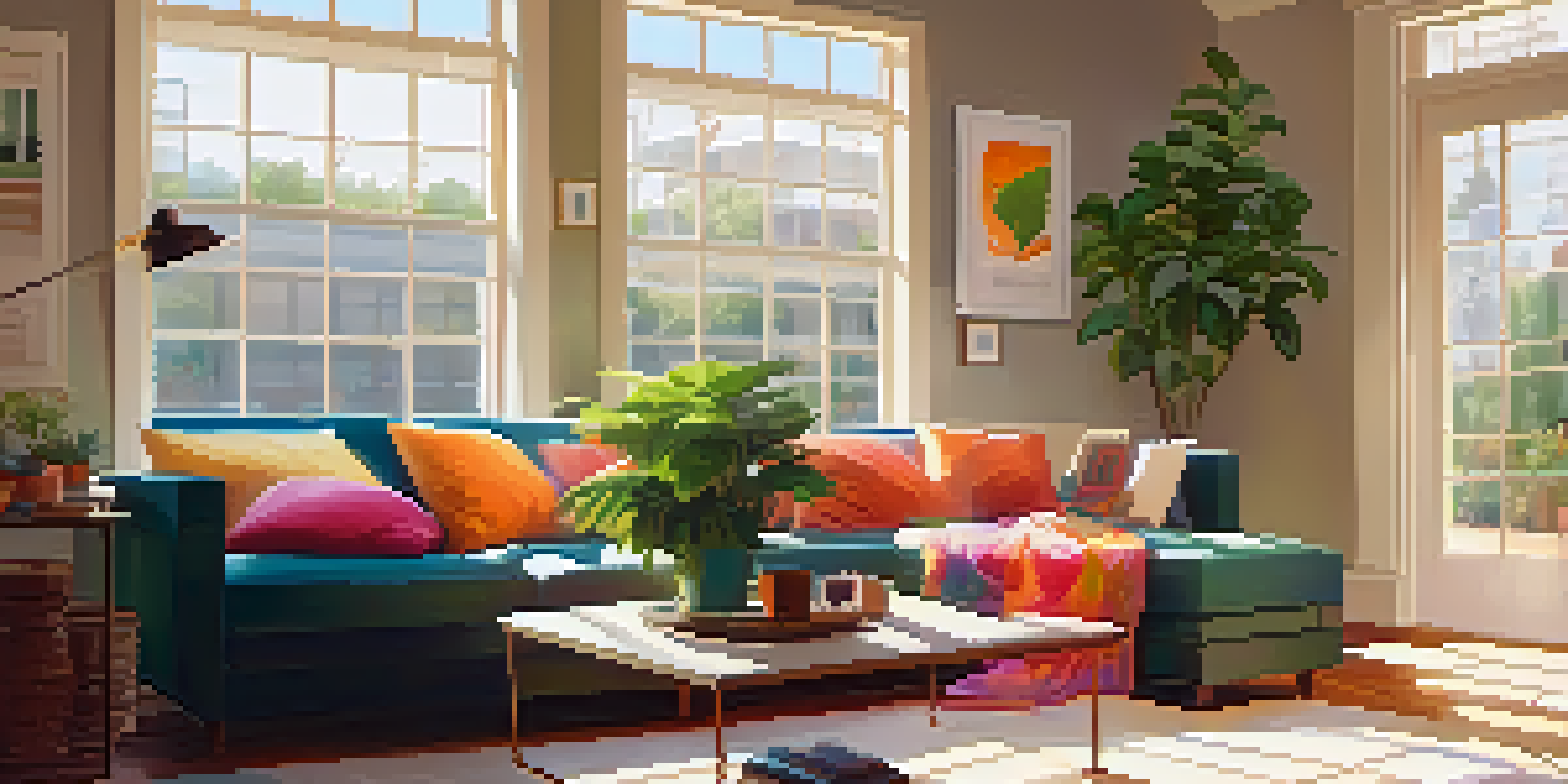 A cozy living room with sunlight, a couch with cushions, a coffee table with home inspection reports, and a potted plant.