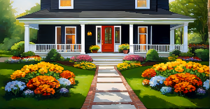 A vibrant front yard with colorful flowers and a clear pathway leading to a welcoming porch, featuring cushions and a playful mat.
