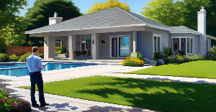 A professional appraiser analyzing a modern house with a clipboard, surrounded by lush greenery and a clear blue sky.