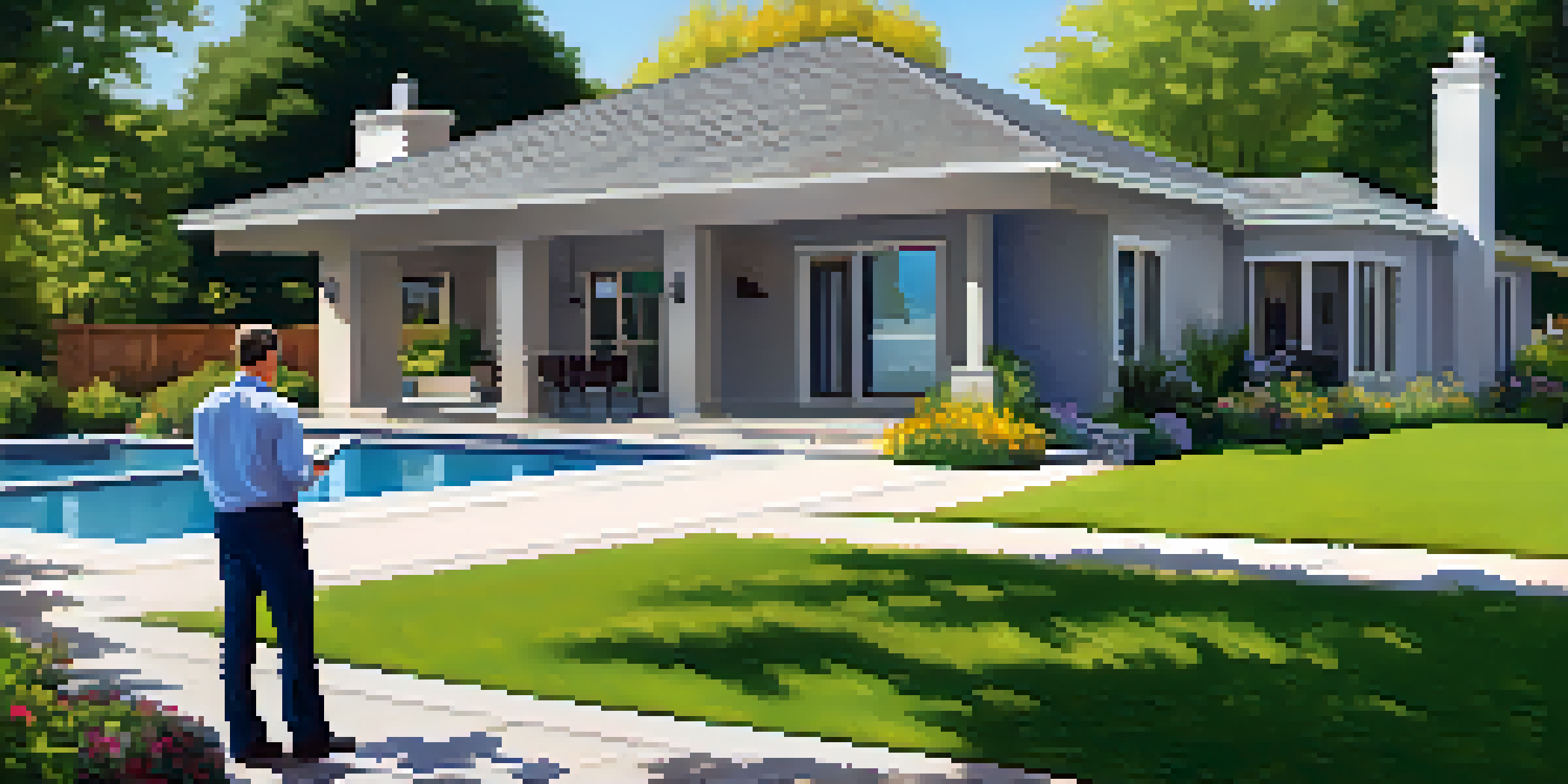 A professional appraiser analyzing a modern house with a clipboard, surrounded by lush greenery and a clear blue sky.