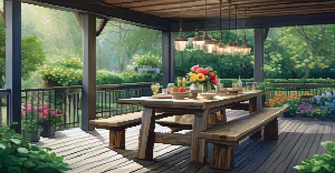 A peaceful outdoor area with a wooden deck, vibrant flowers, and a rustic table, illuminated by soft natural light.
