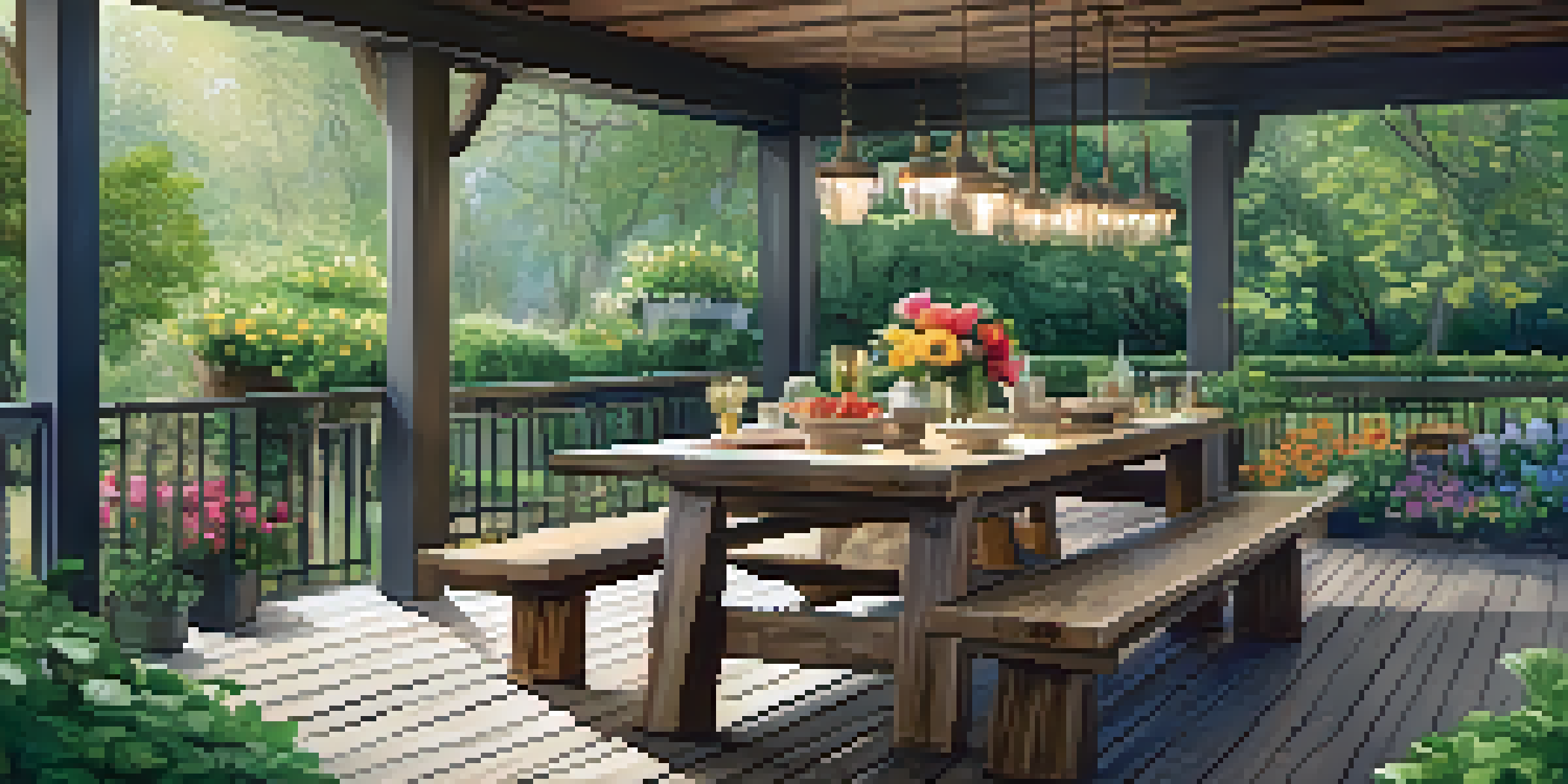 A peaceful outdoor area with a wooden deck, vibrant flowers, and a rustic table, illuminated by soft natural light.