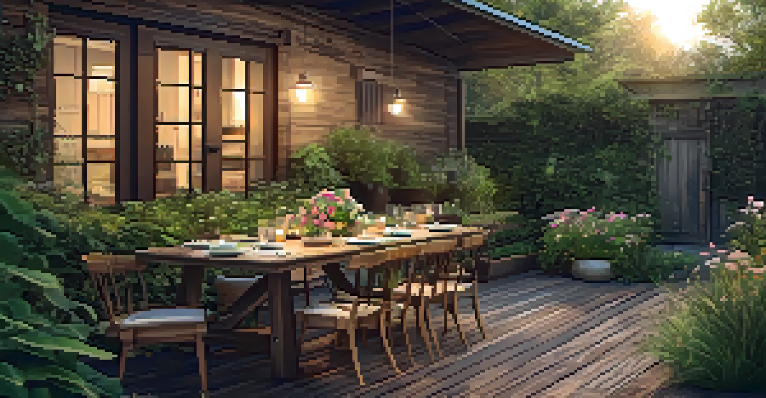 An outdoor patio with reclaimed wood decking surrounded by greenery, featuring a dining table set for a meal.