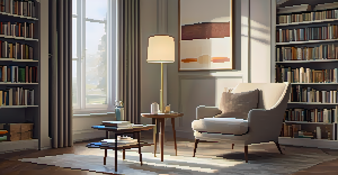 A cozy living room with a modern floor lamp next to a reading chair, warm light illuminating books on a side table.