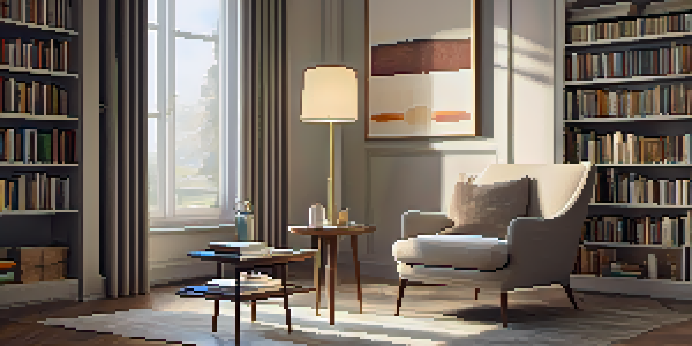 A cozy living room with a modern floor lamp next to a reading chair, warm light illuminating books on a side table.