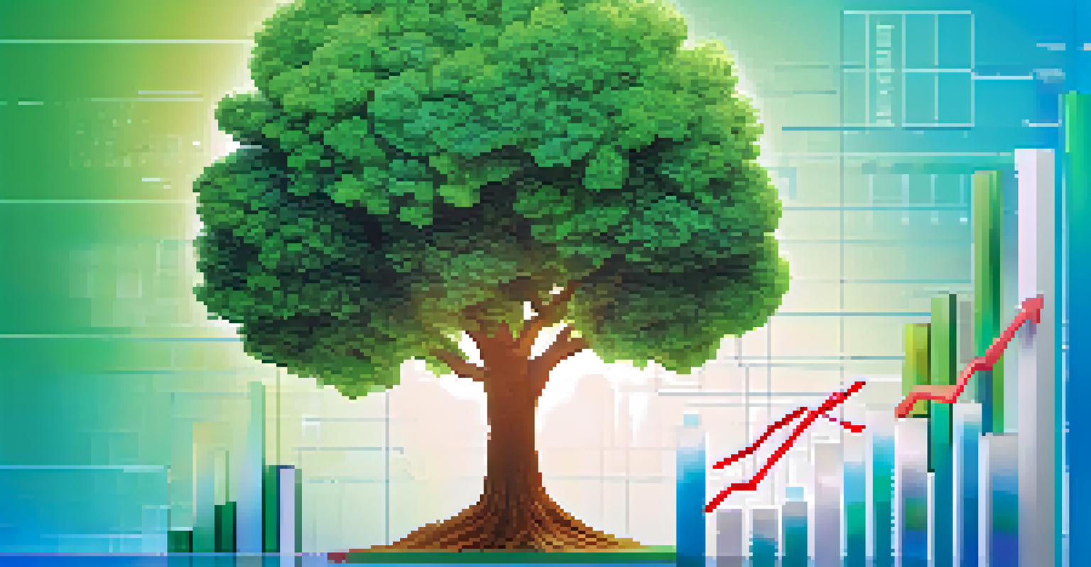 An artistic depiction of crowdfunding success, featuring colorful graphs and charts rising from a 3D tree model against a blue and green gradient background.