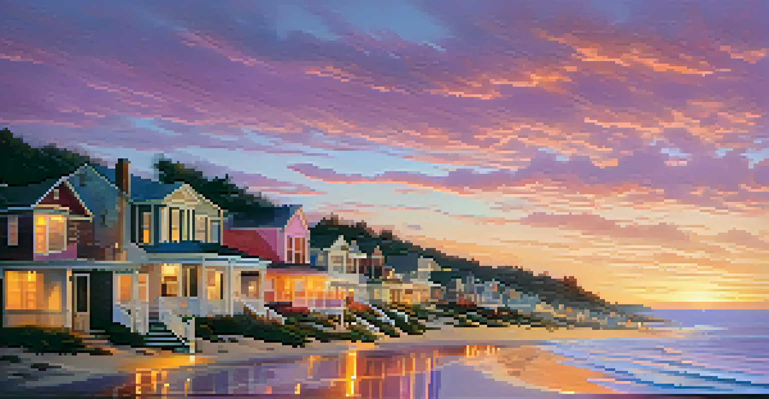 Aerial view of a coastal town at sunset with homes lining the beach and colorful skies reflecting on the water.