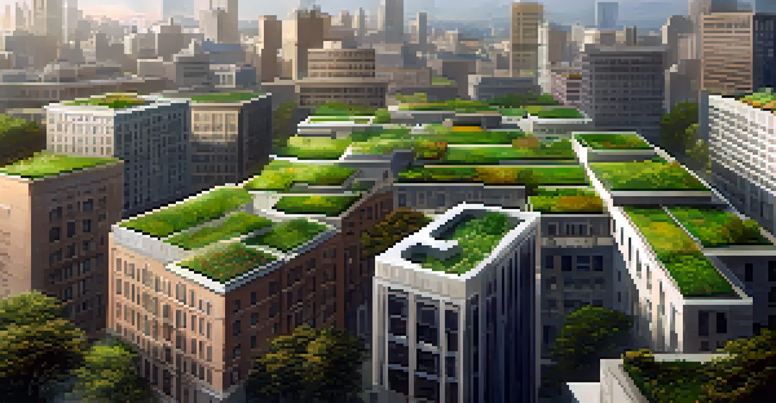 Aerial view of a city with buildings having green roofs, showing gardens and seating areas against a backdrop of concrete structures.