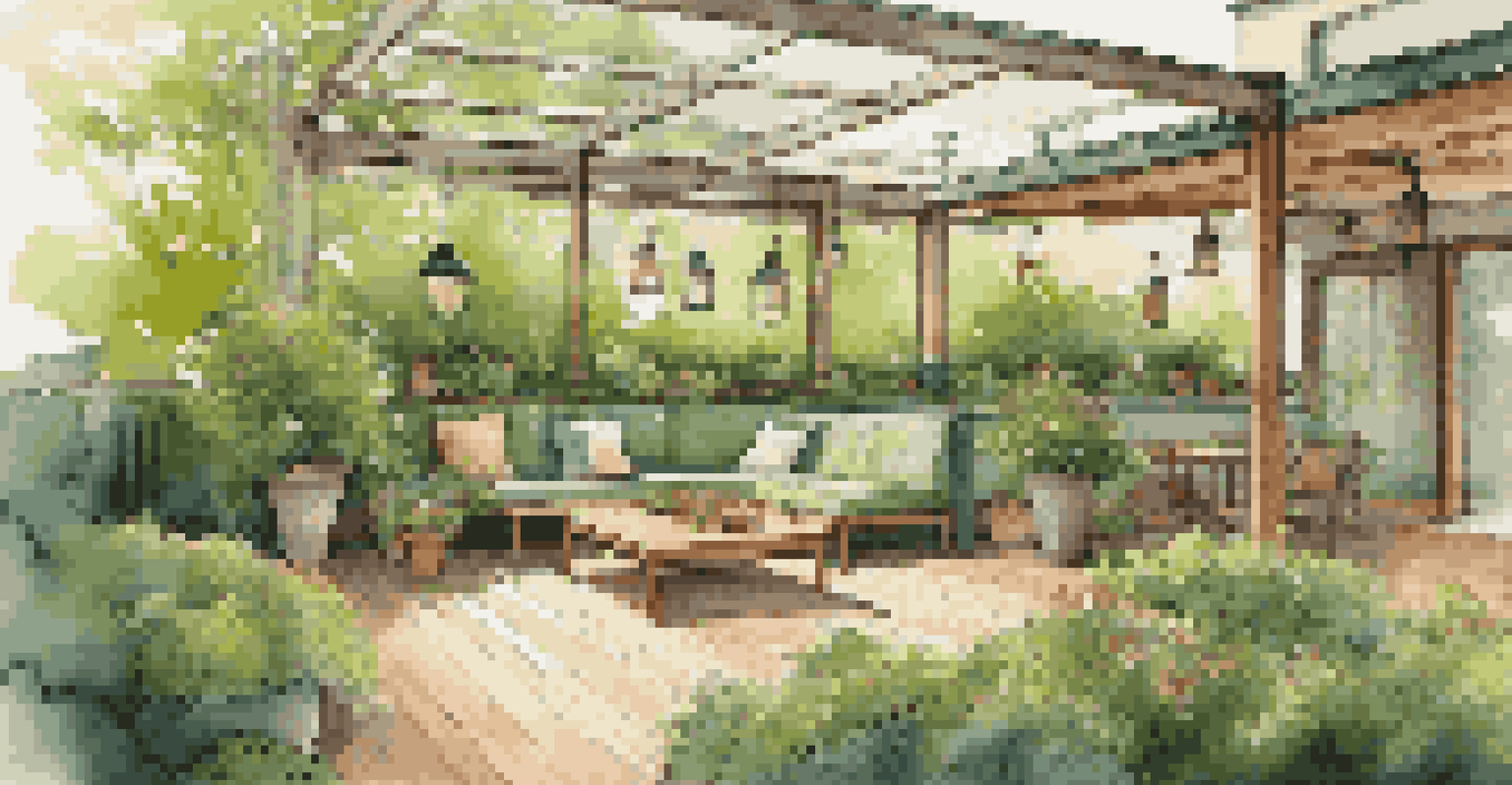 A cozy intensive green roof with seating areas and lush plants under warm afternoon light.