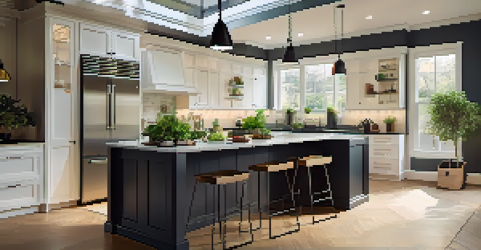 A modern kitchen with white cabinets, a dark granite island, stainless steel appliances, and ambient lighting, enhanced with potted herbs and a pendant light.