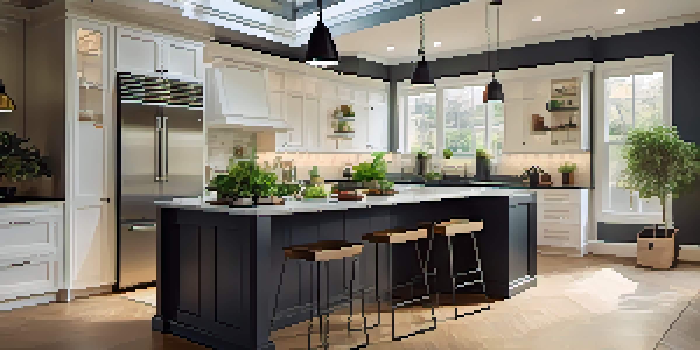 A modern kitchen with white cabinets, a dark granite island, stainless steel appliances, and ambient lighting, enhanced with potted herbs and a pendant light.