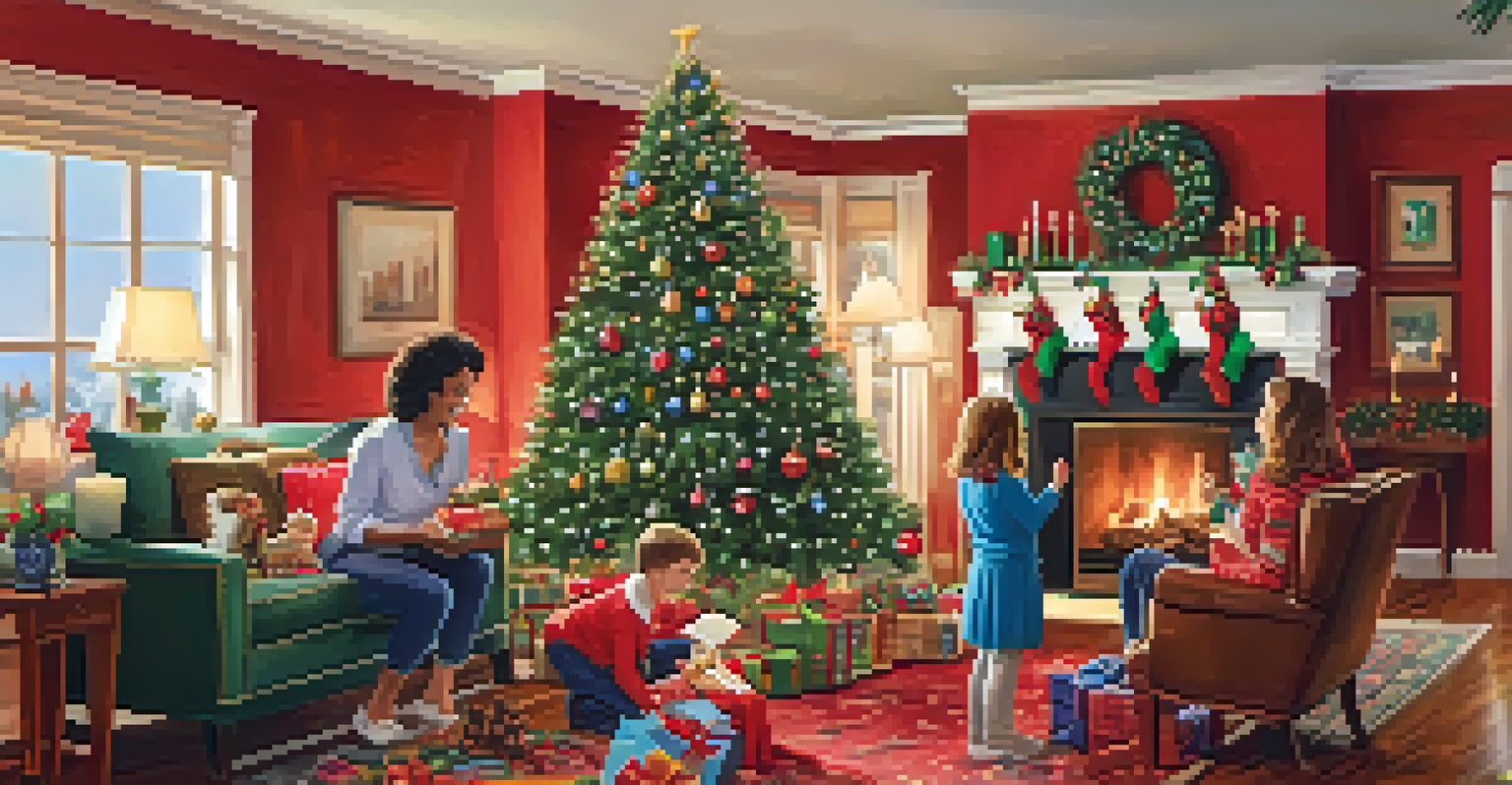A family joyfully decorating a Christmas tree in a cozy living room filled with festive decorations, showcasing excitement and togetherness.