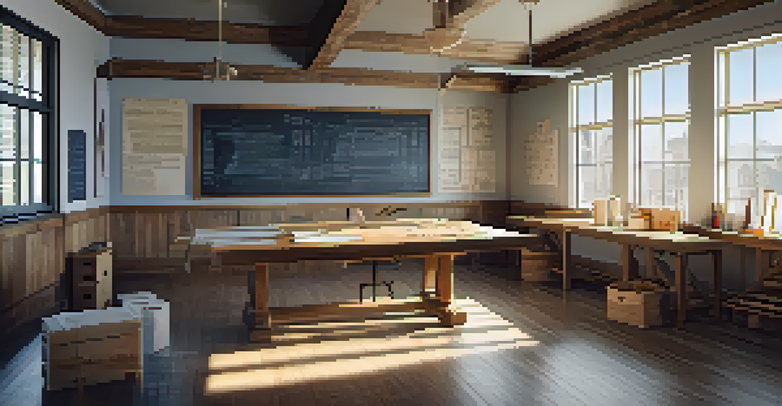 A local contractor's workspace with blueprints, tools, and building material samples, illuminated by natural light from large windows.