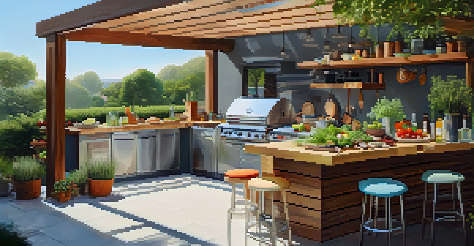 An outdoor kitchen with a modern grill and a wooden countertop filled with fresh ingredients, featuring friends cooking and enjoying each other's company under a clear sky.