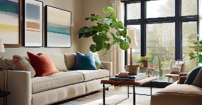 A modern living room filled with natural light, featuring a beige sofa, colorful pillows, and a wooden coffee table.