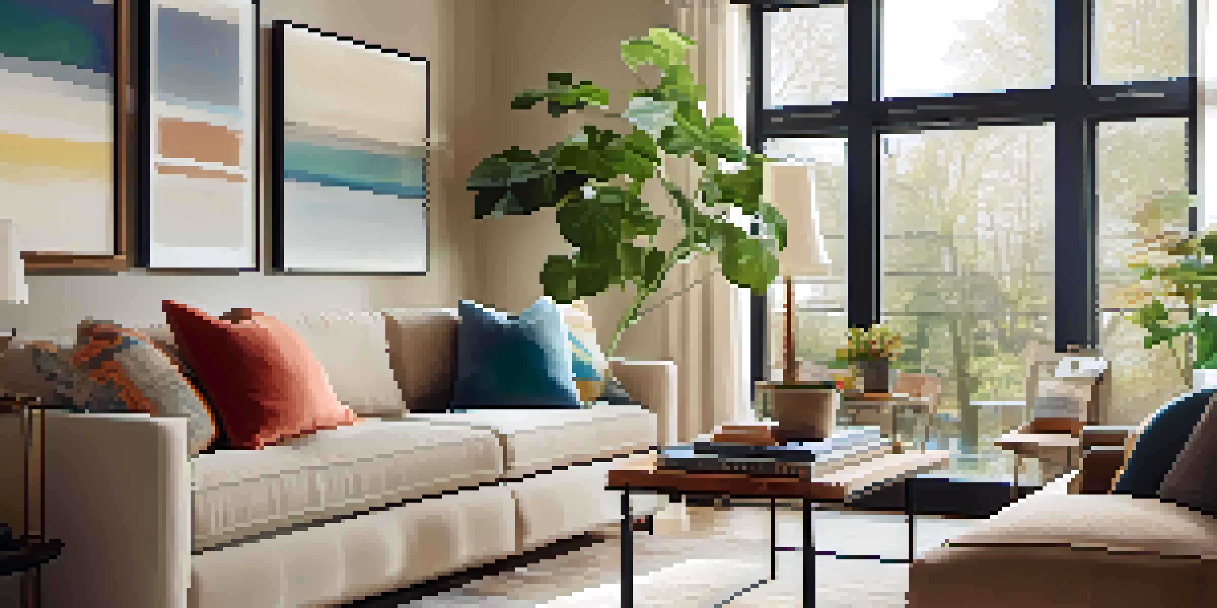 A modern living room filled with natural light, featuring a beige sofa, colorful pillows, and a wooden coffee table.