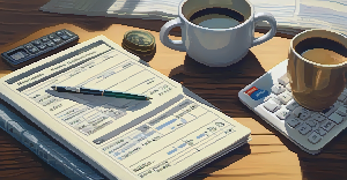 A mortgage amortization schedule on a wooden desk, with a calculator and house key, illuminated by warm morning light.