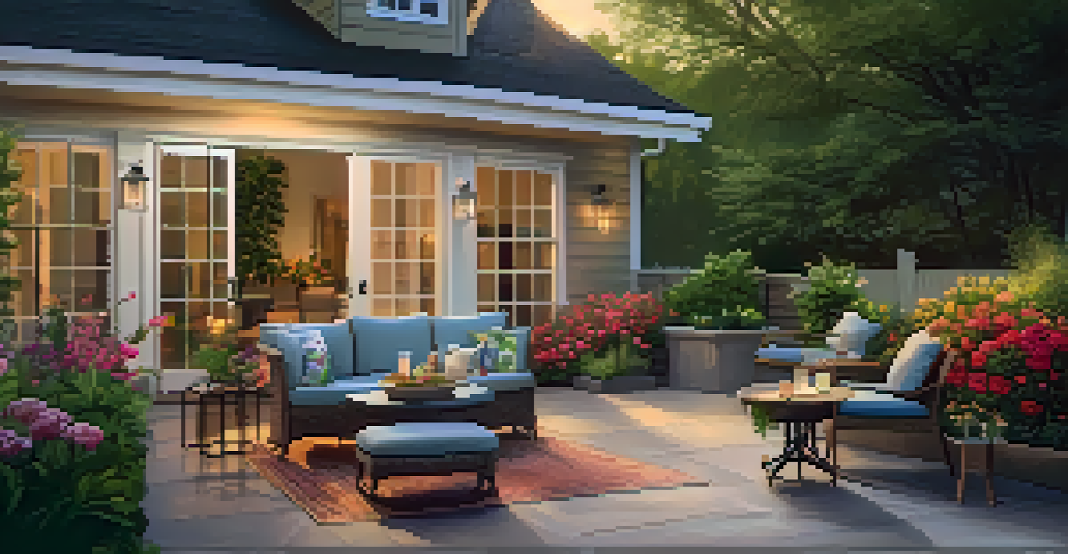 An inviting outdoor patio with comfortable furniture and a colorful garden, bathed in warm evening light.