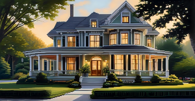 A renovated historic property with original architectural features and modern amenities, surrounded by green gardens during sunset.