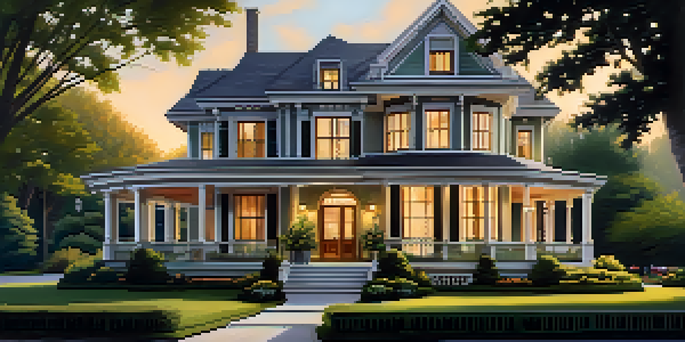 A renovated historic property with original architectural features and modern amenities, surrounded by green gardens during sunset.