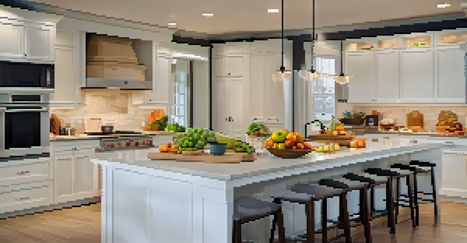 A kitchen with cork flooring and white cabinets, featuring soft lighting and a bowl of fruits.