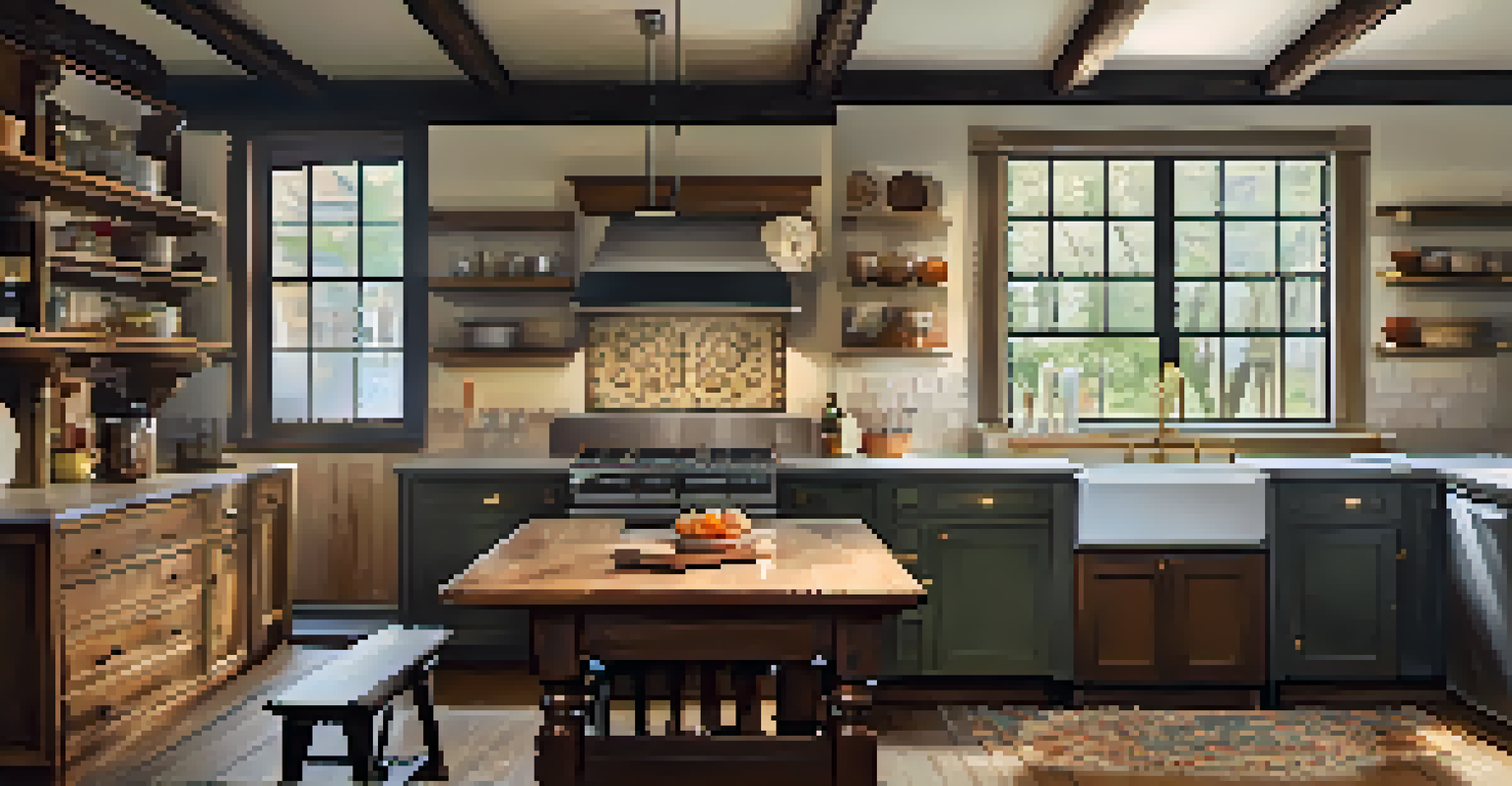 A renovated historic kitchen showcasing original wooden beams and vintage cabinetry with modern appliances.