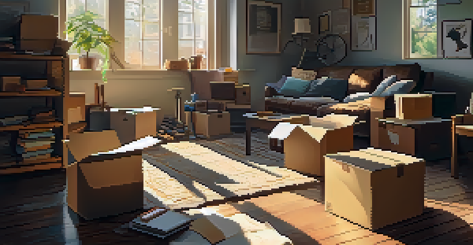 A family working together in a cozy living room, surrounded by moving boxes and sunlight, sorting items into different categories.