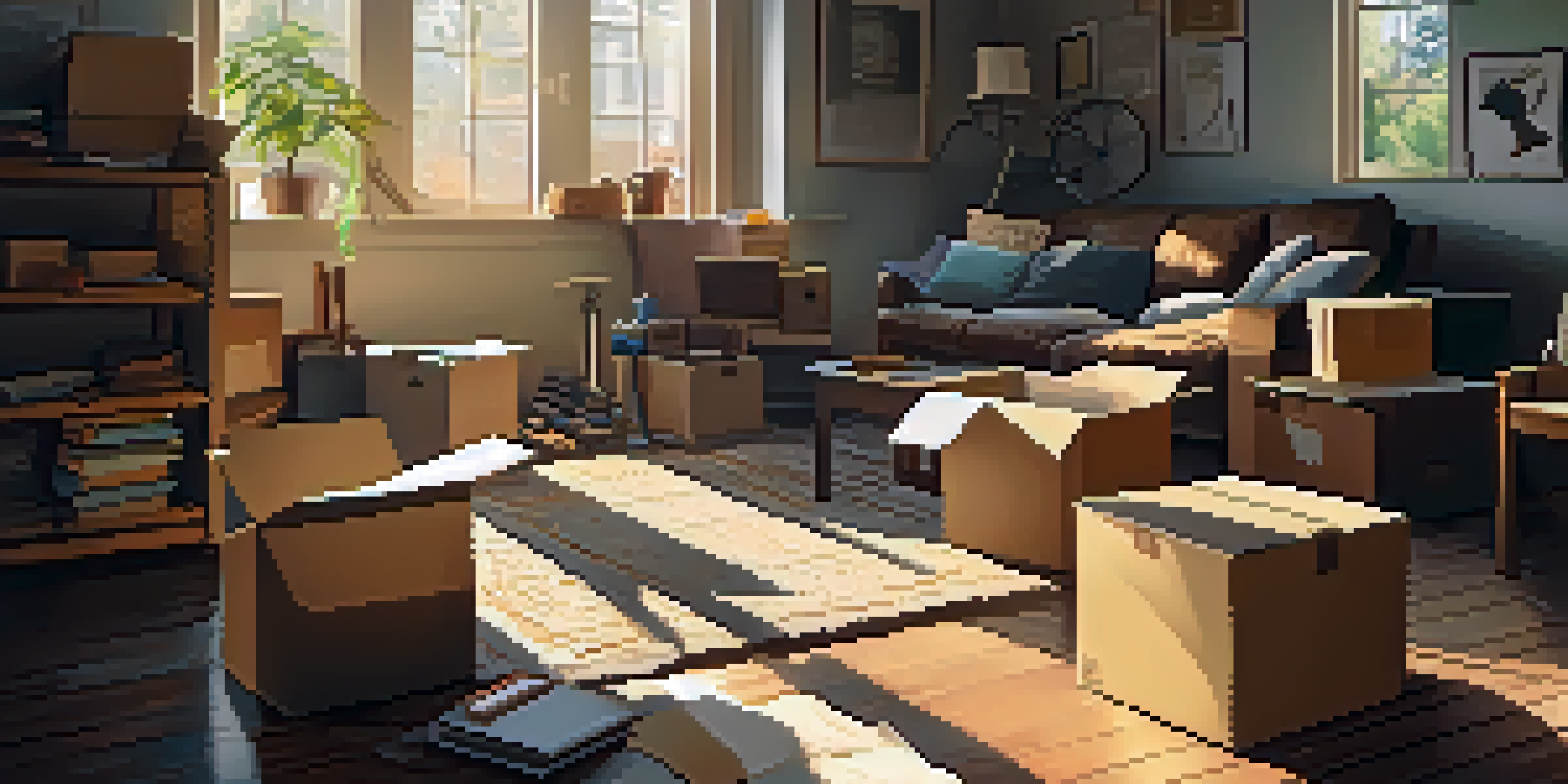 A family working together in a cozy living room, surrounded by moving boxes and sunlight, sorting items into different categories.