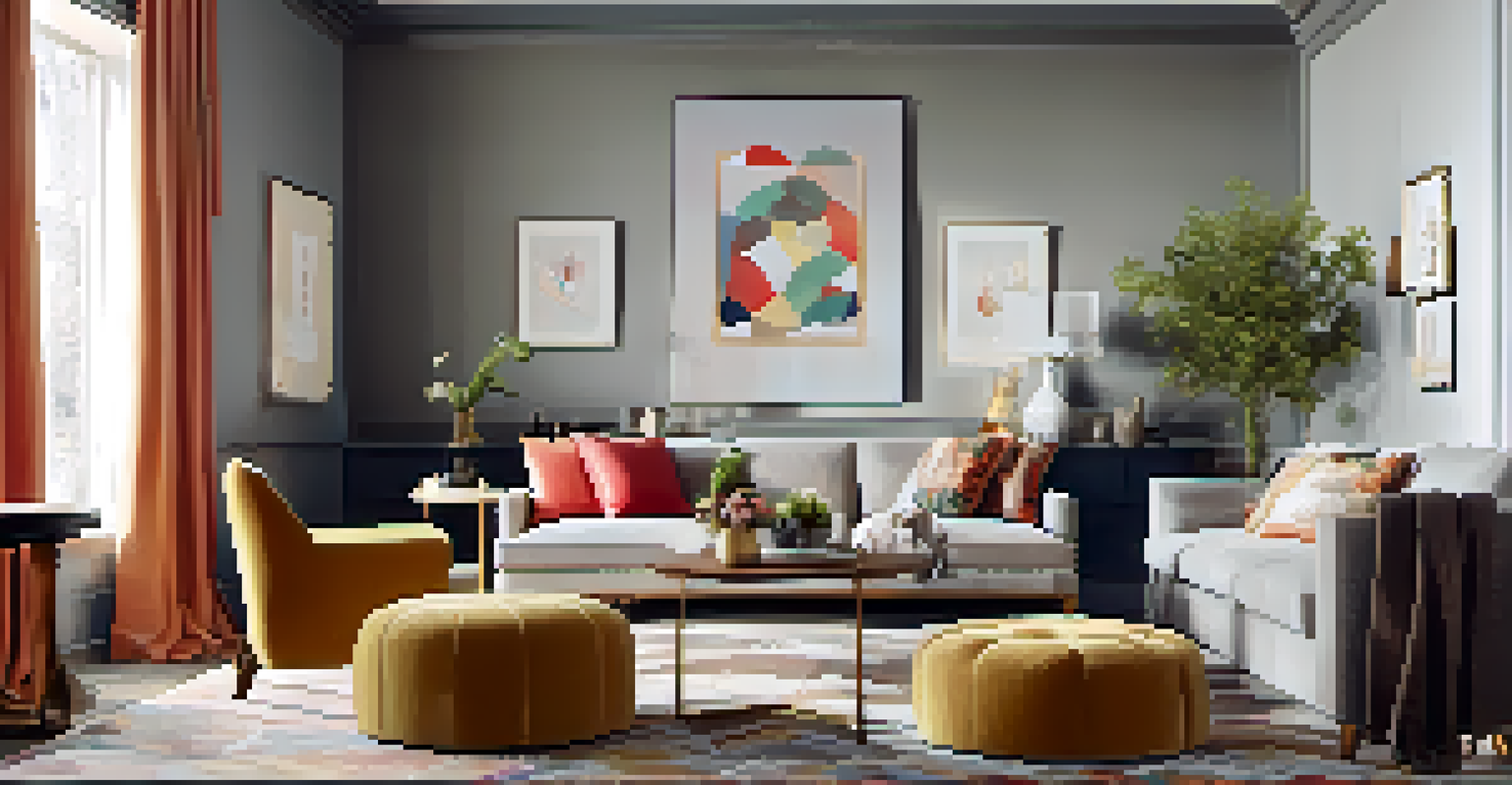 A living room with an ottoman that doubles as storage for linens, decorated warmly.