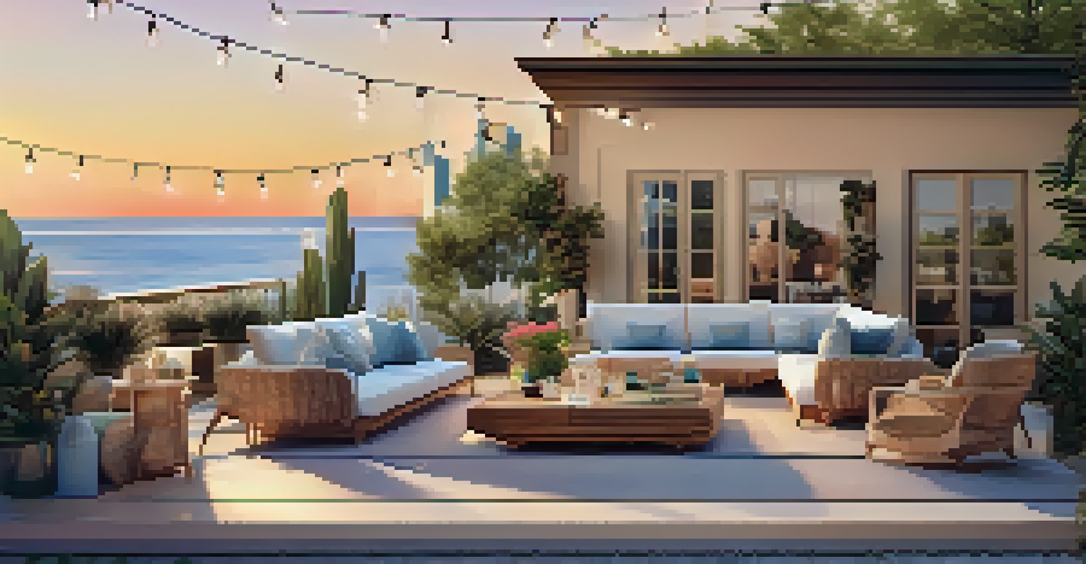 An outdoor entertainment area with smart speakers, comfortable seating, and refreshments, set against a beautiful sunset for a summer party vibe.