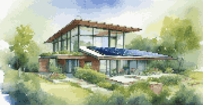 A contemporary house with a green roof and solar panels, surrounded by plants and trees under a clear blue sky.