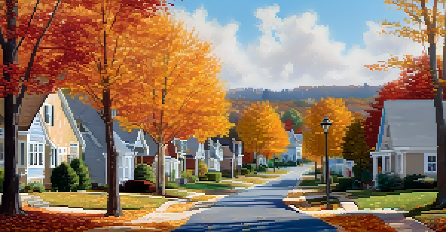 A suburban neighborhood in autumn with colorful trees, charming houses, and a clear blue sky.