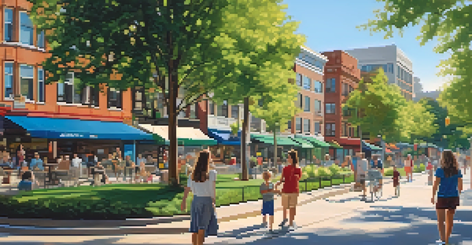 A colorful city scene with families in a park surrounded by modern residential and commercial buildings under a clear blue sky.