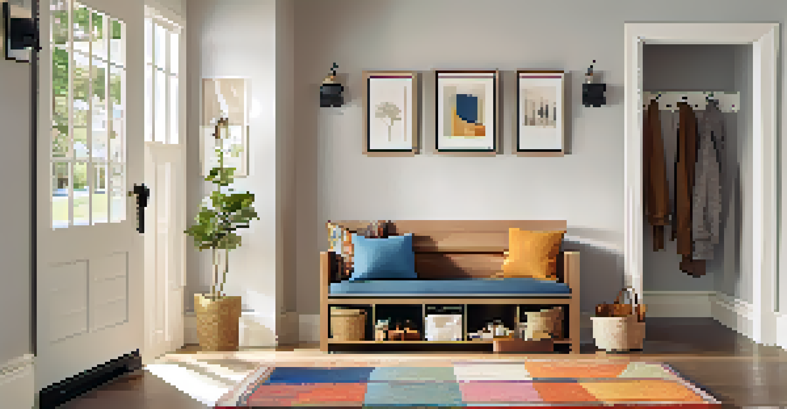 A cozy entryway with a storage bench, wall-mounted hooks, a colorful mat, family photos, and a small plant, all highlighted by warm lighting.