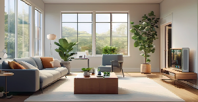 A contemporary living room highlighting smart home technology, with a smart thermostat, smart lighting, and a smartphone on the table.