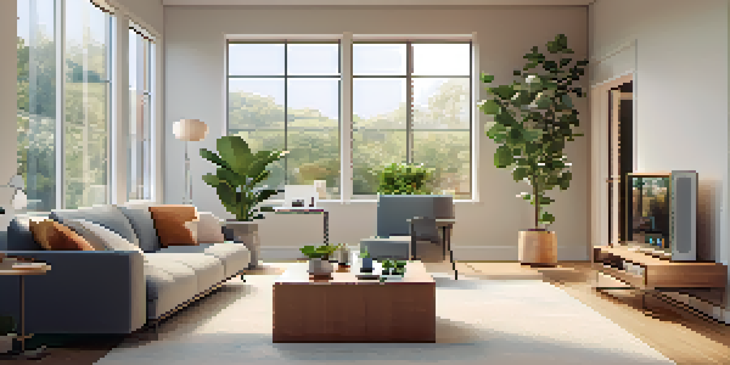 A contemporary living room highlighting smart home technology, with a smart thermostat, smart lighting, and a smartphone on the table.