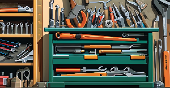 An open toolbox filled with various hand tools on a workbench in a sunny garage.
